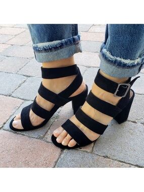 Vionic Black Suede Strappy Stacked Block Heel Blaire Sandals Heels New 6 6.5